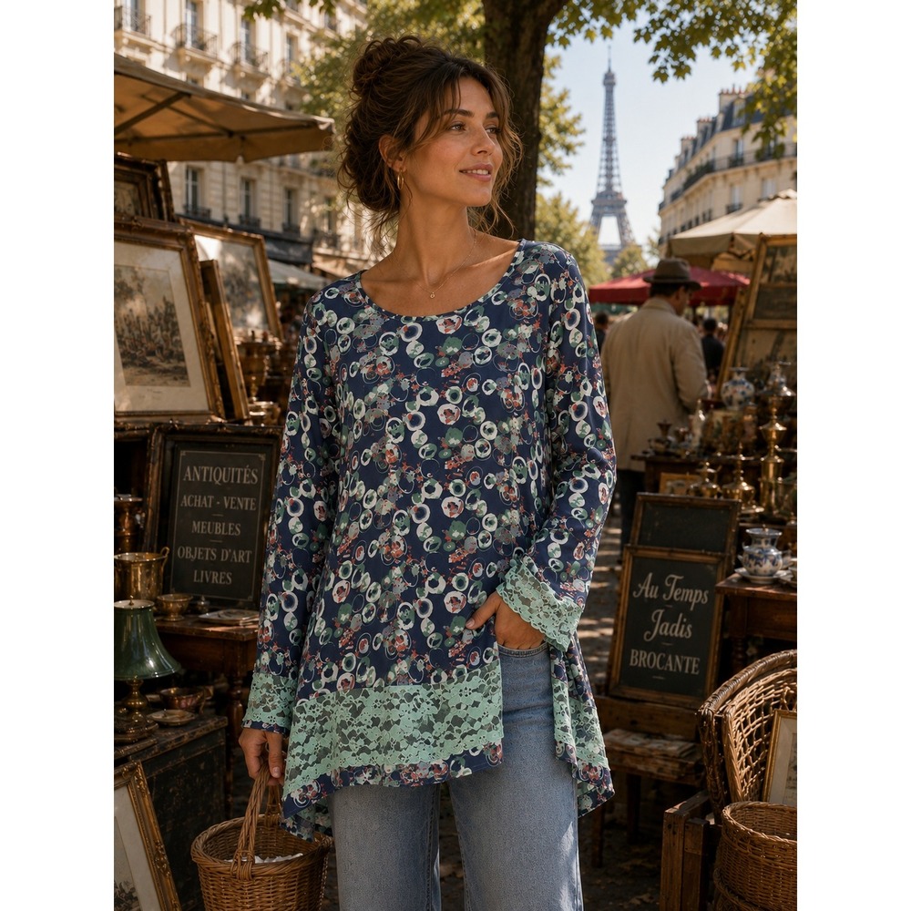 Umgee USA Blue Floral Lace Trim Sharkbite Hem Tunic Top Size M B5428 Boho